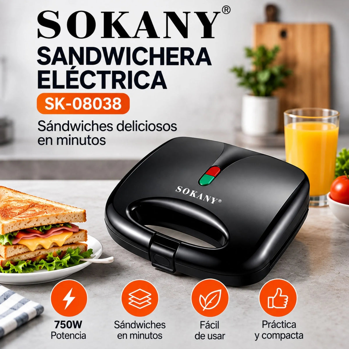 Sandwichera Eléctrica 750W Con Placas Antiadherentes Y Luz LED Indicadora Sokany SK-08038