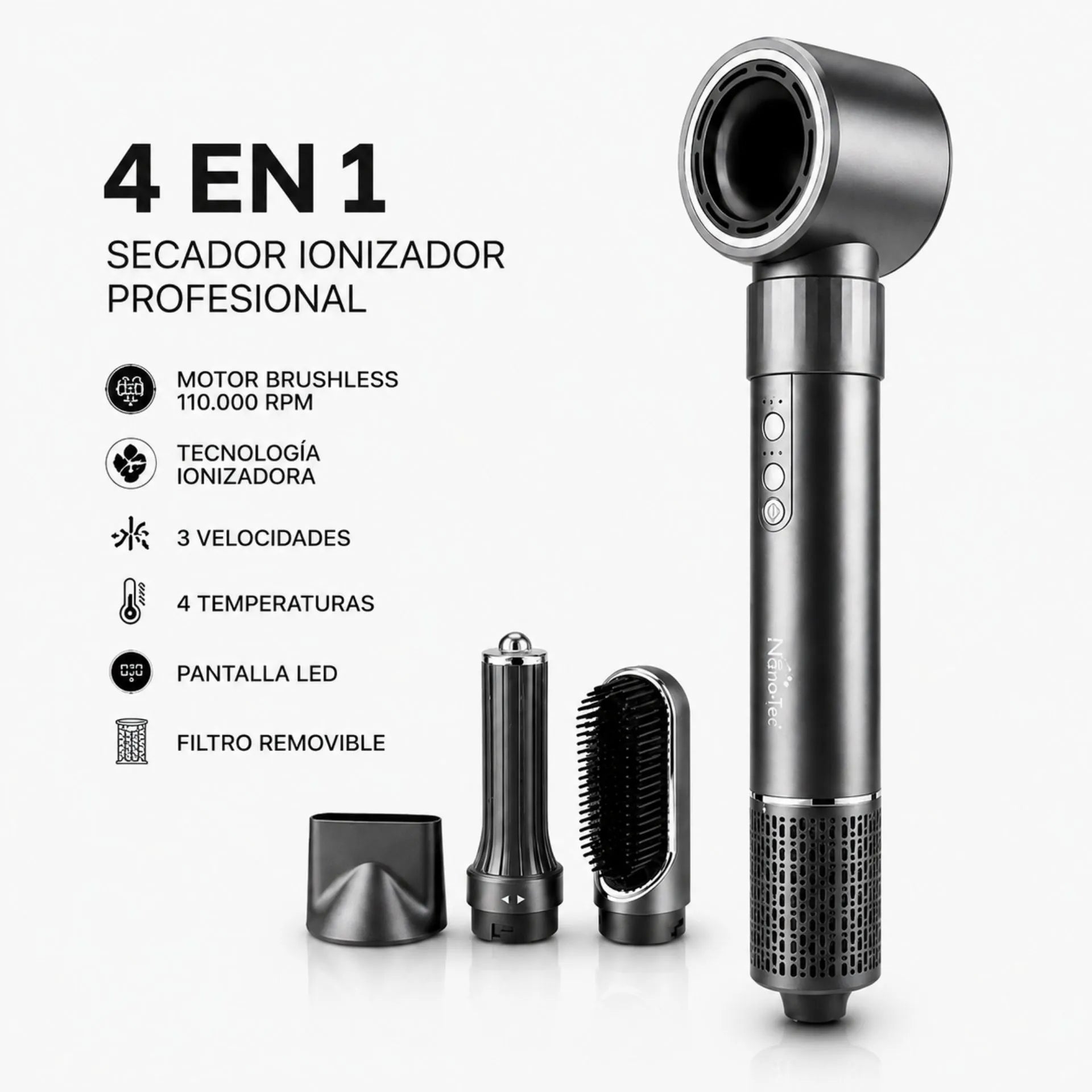 Secador Ionizador Nano-Tec 4 En 1 1300W Con Motor Brushless De 110.000 RPM NT-SC683