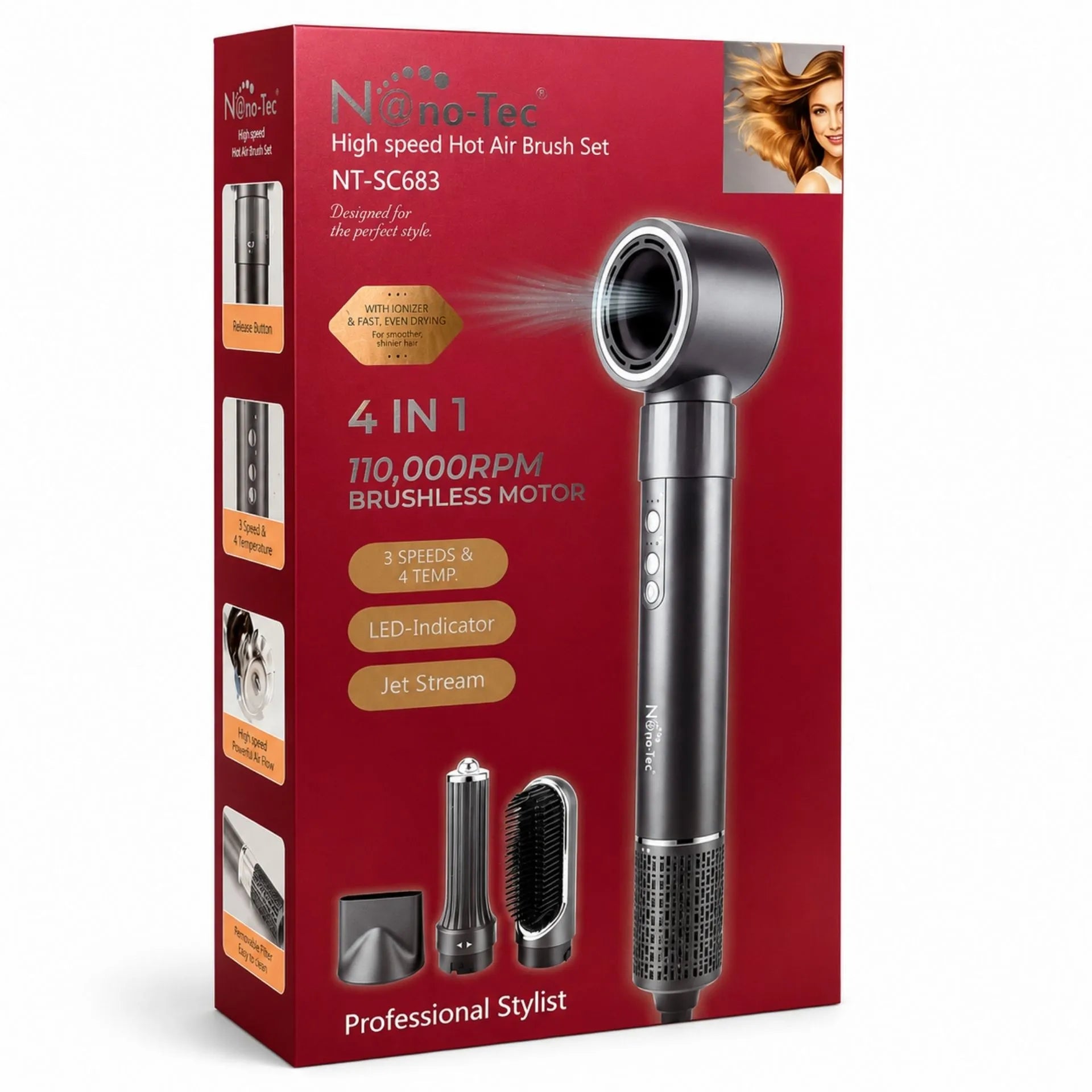 Secador Ionizador Nano-Tec 4 En 1 1300W Con Motor Brushless De 110.000 RPM NT-SC683