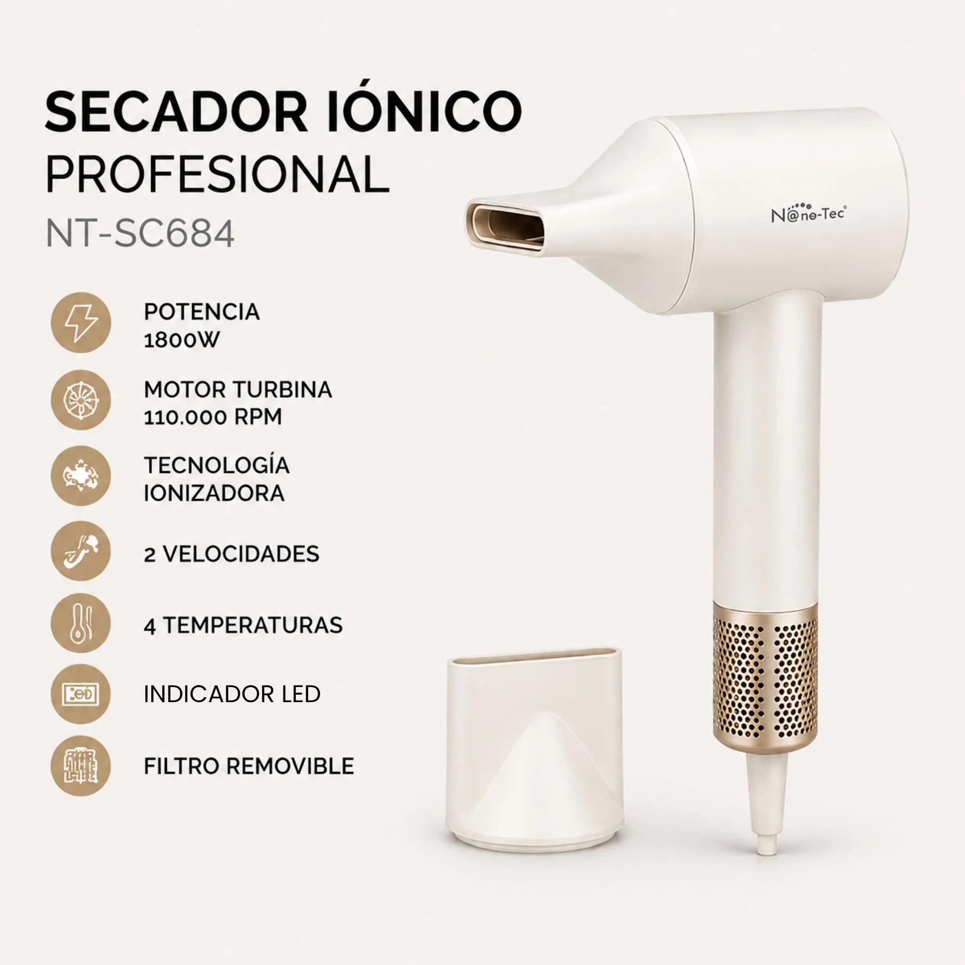 Secador Iónico Profesional Nano-Tec 1800W Con Motor De 110.000 RPM  NT-SC684
