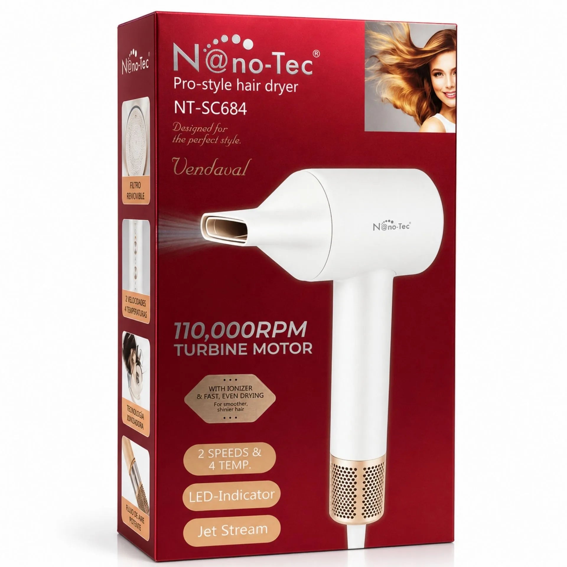 Secador Iónico Profesional Nano-Tec 1800W Con Motor De 110.000 RPM  NT-SC684