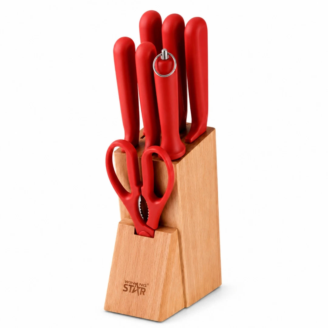 Set De Cuchillos Winning Star 8 Piezas Con Base De Madera Y Afilador ST-7802
