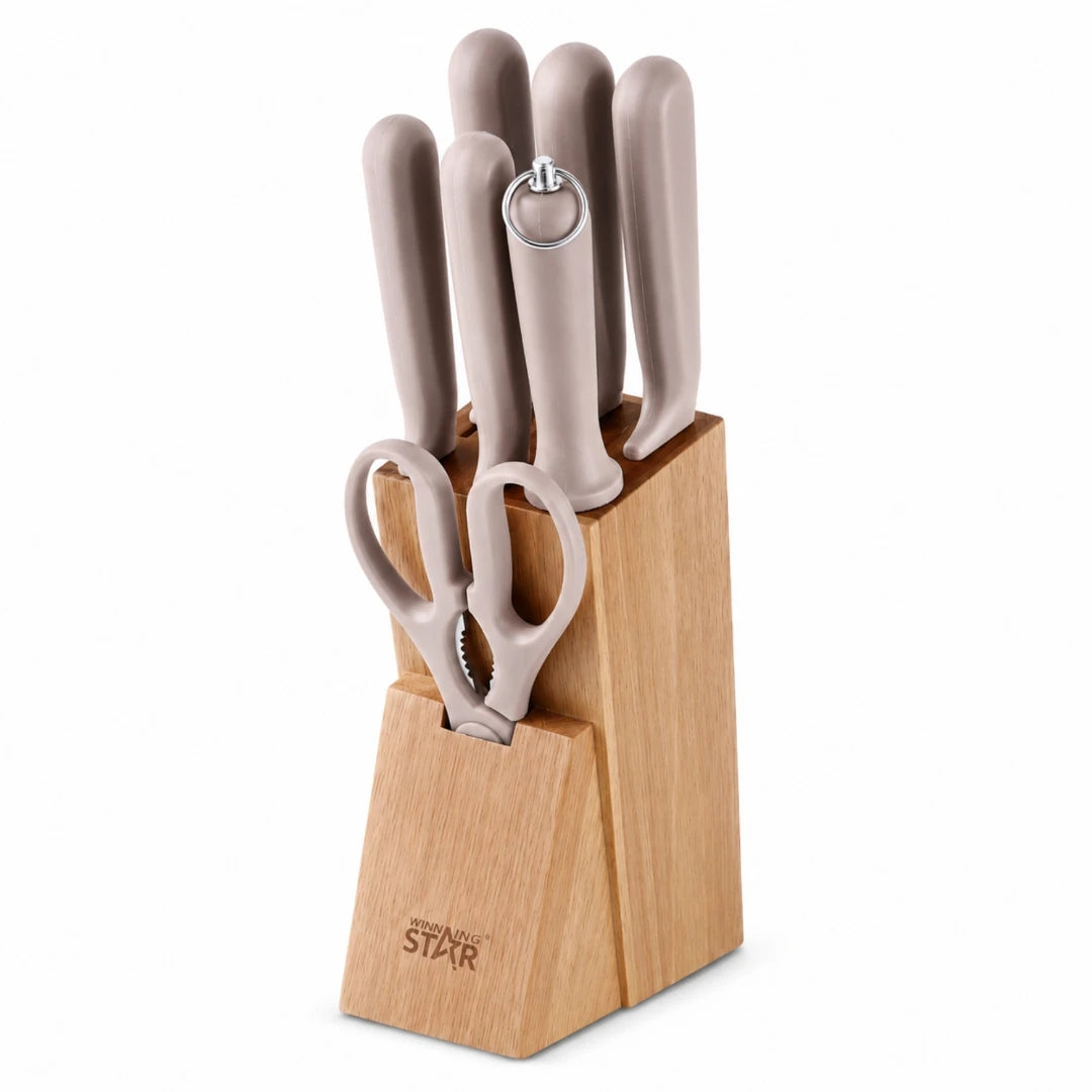 Set De Cuchillos Winning Star 8 Piezas Con Base De Madera Y Afilador ST-7802