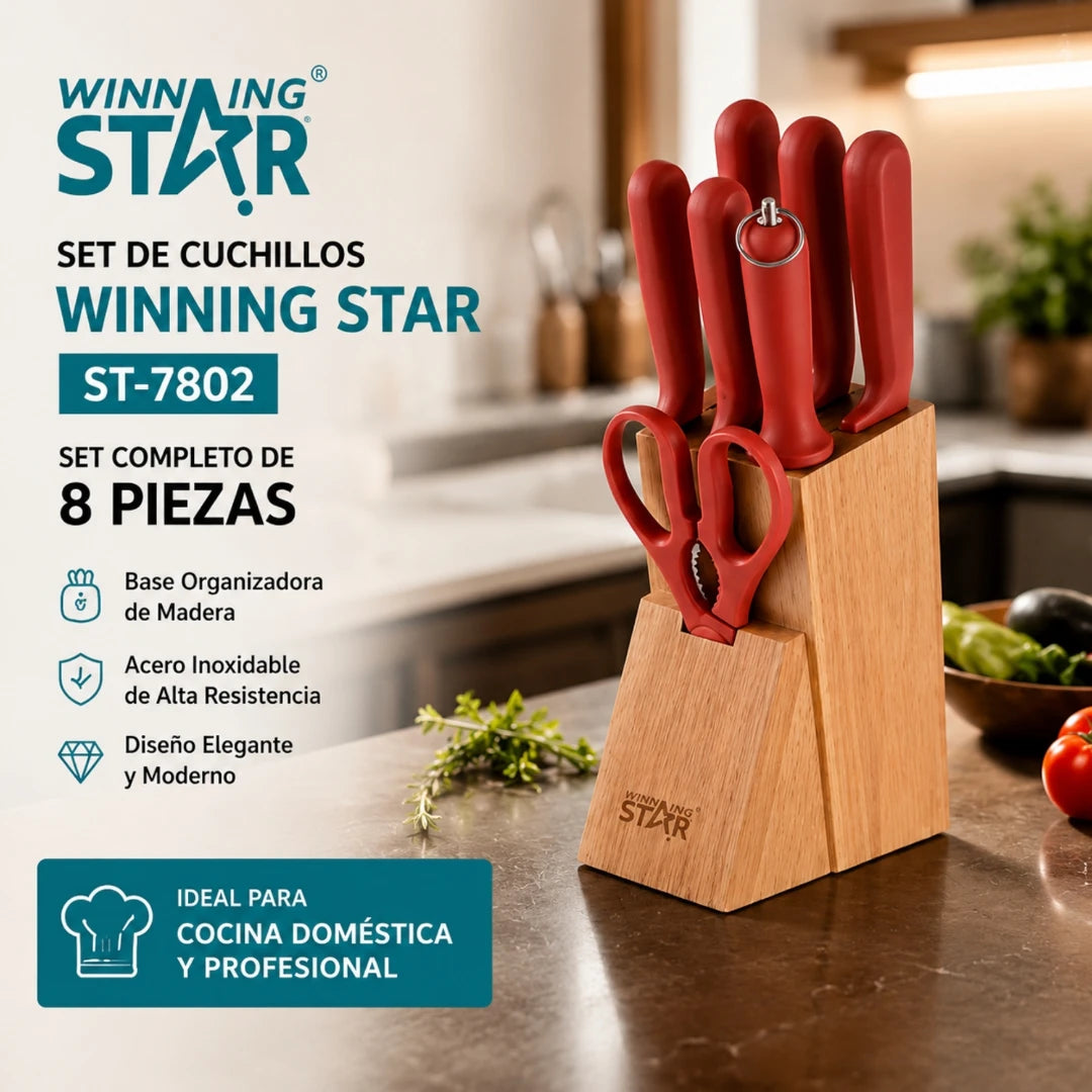 Set De Cuchillos Winning Star 8 Piezas Con Base De Madera Y Afilador ST-7802