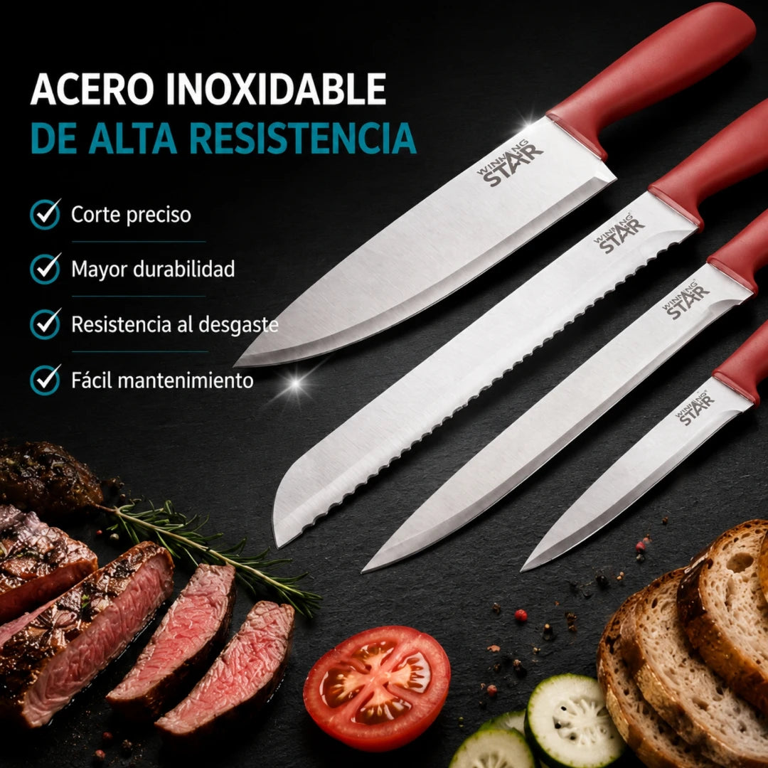 Set De Cuchillos Winning Star 8 Piezas Con Base De Madera Y Afilador ST-7802