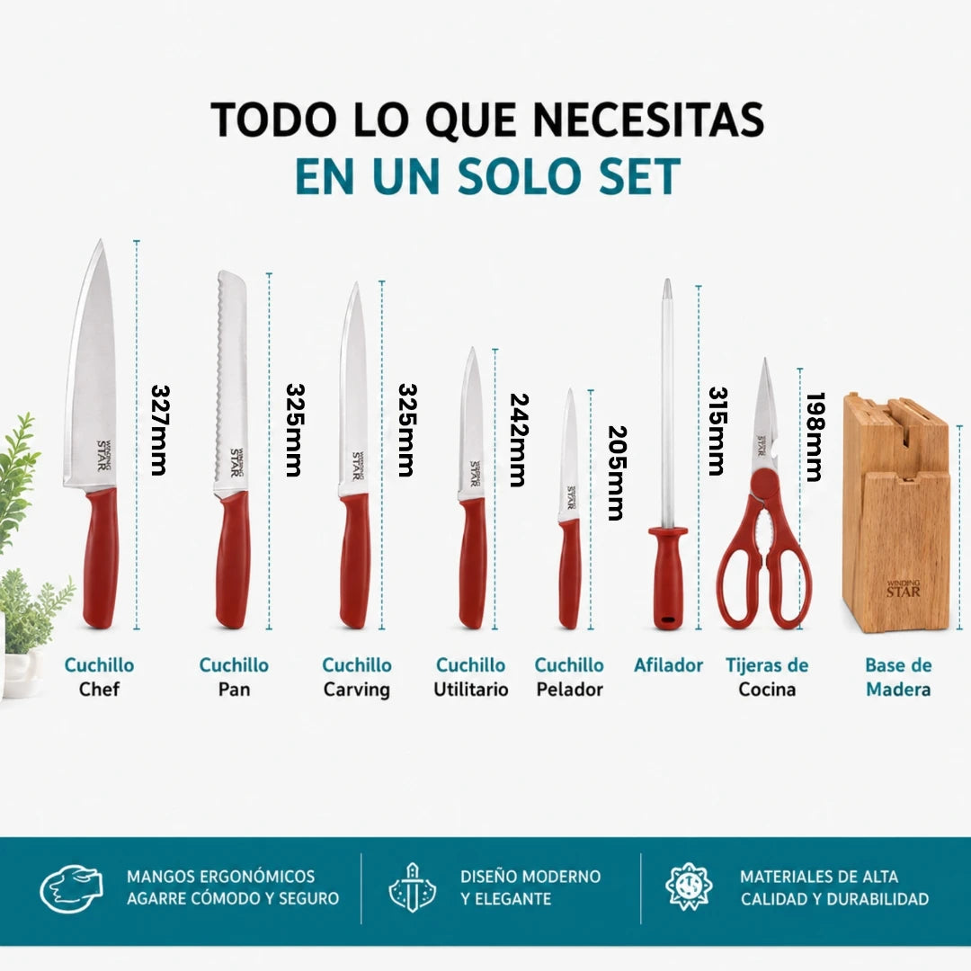 Set De Cuchillos Winning Star 8 Piezas Con Base De Madera Y Afilador ST-7802