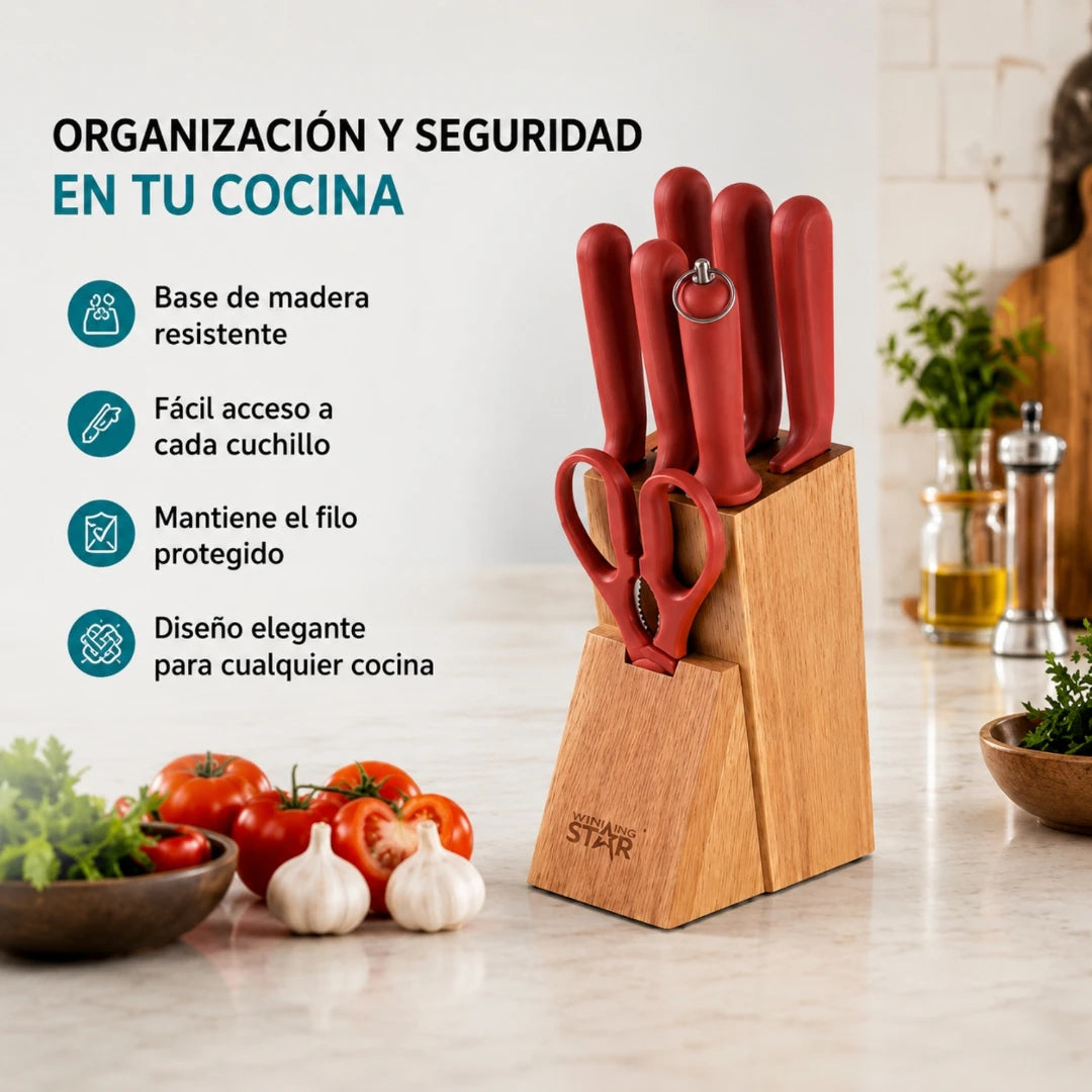 Set De Cuchillos Winning Star 8 Piezas Con Base De Madera Y Afilador ST-7802