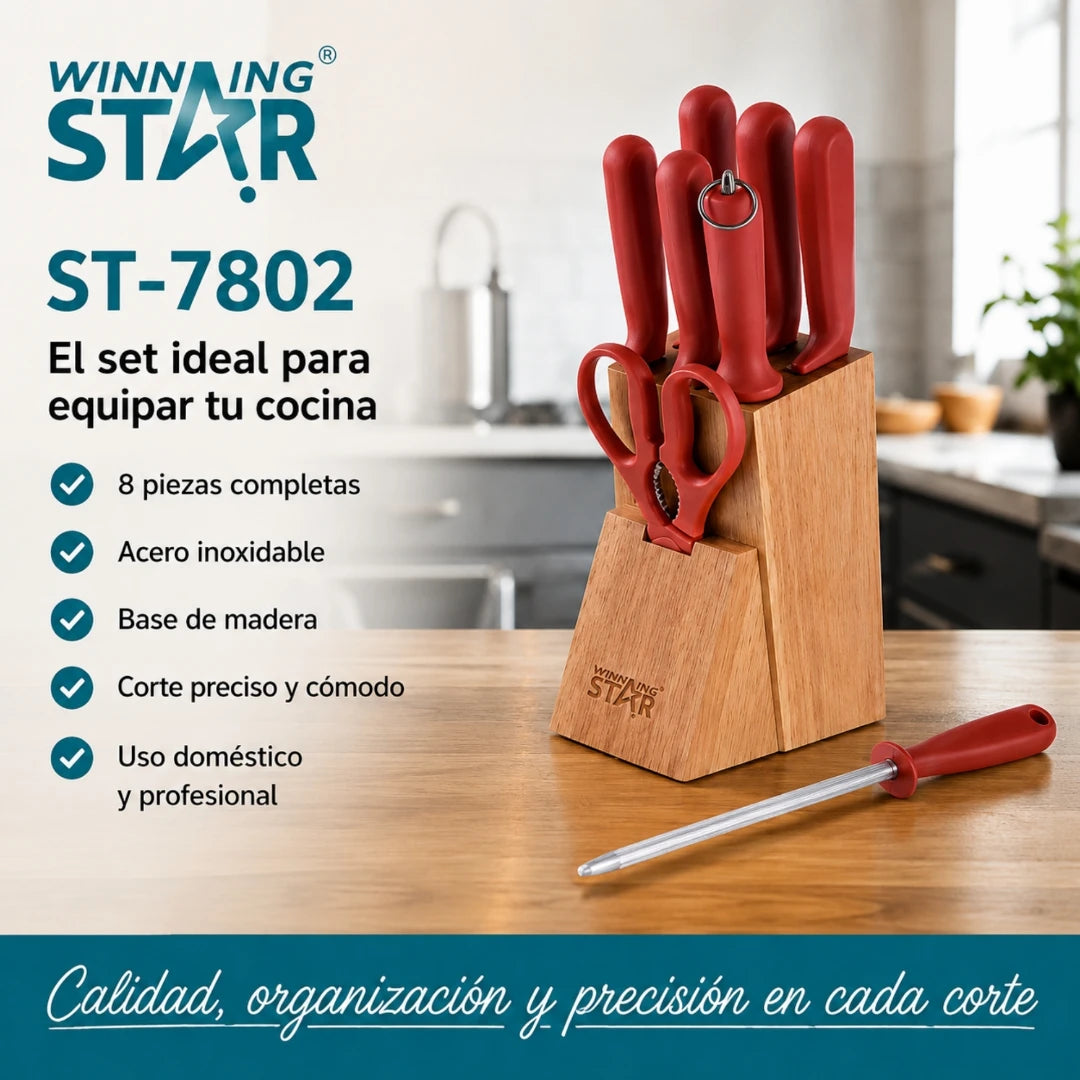 Set De Cuchillos Winning Star 8 Piezas Con Base De Madera Y Afilador ST-7802