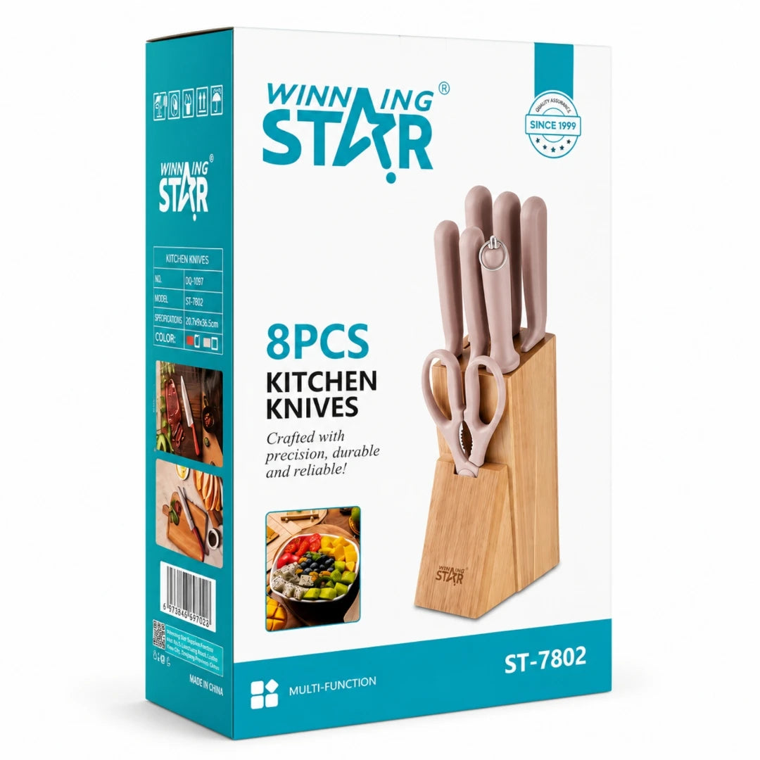 Set De Cuchillos Winning Star 8 Piezas Con Base De Madera Y Afilador ST-7802