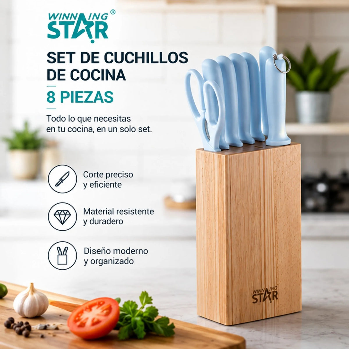 Set De Cuchillos De Cocina 8 Piezas Con Tijeras, Afilador Y Bloque De Madera Winning Star ST-7803
