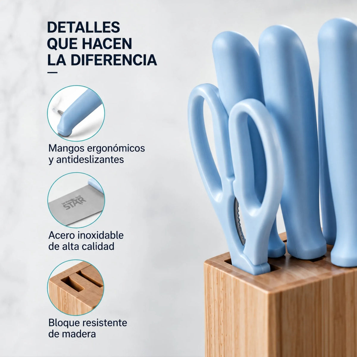 Set De Cuchillos De Cocina 8 Piezas Con Tijeras, Afilador Y Bloque De Madera Winning Star ST-7803