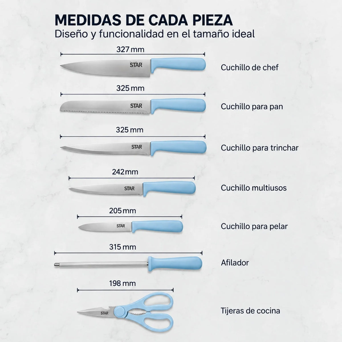 Set De Cuchillos De Cocina 8 Piezas Con Tijeras, Afilador Y Bloque De Madera Winning Star ST-7803