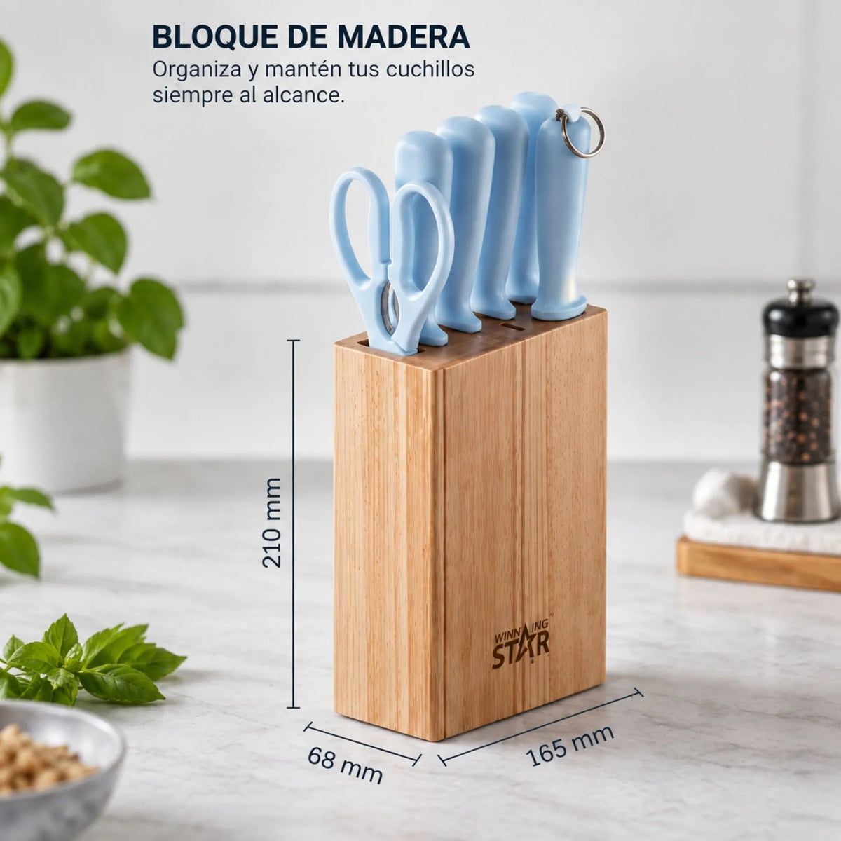 Set De Cuchillos De Cocina 8 Piezas Con Tijeras, Afilador Y Bloque De Madera Winning Star ST-7803