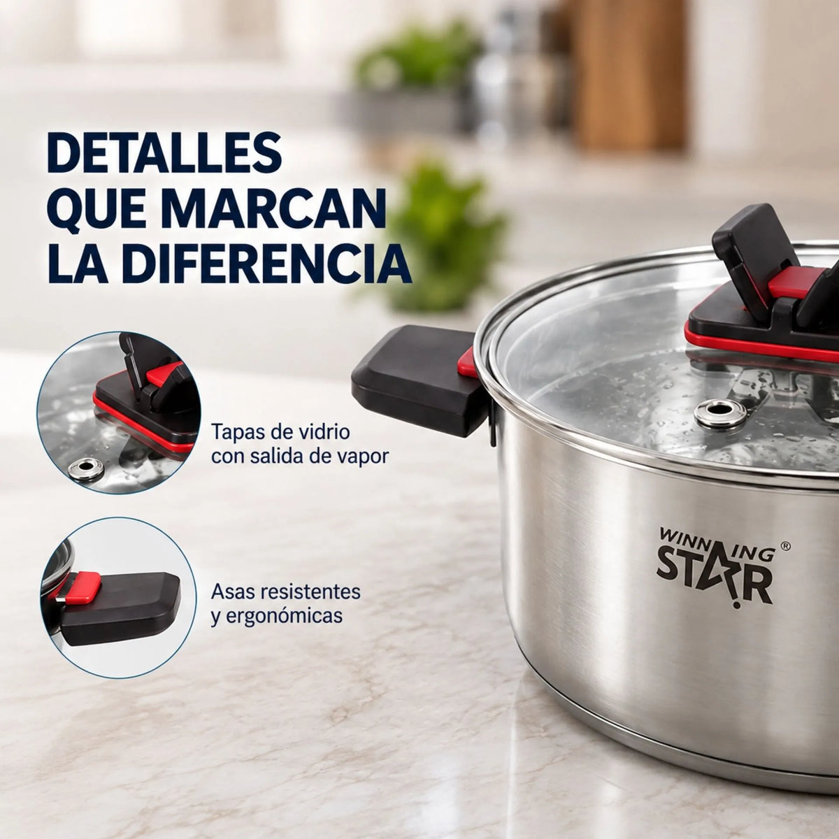 Set De Ollas 6 Piezas En Acero Inoxidable Con Tapas De Vidrio Winning Star ST-5219
