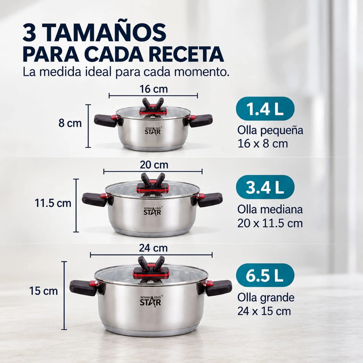 Set De Ollas 6 Piezas En Acero Inoxidable Con Tapas De Vidrio Winning Star ST-5219