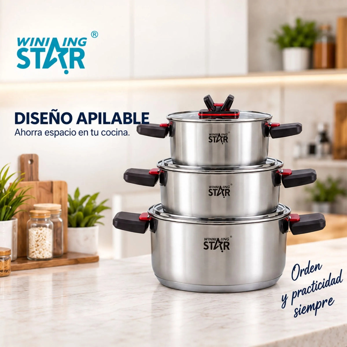 Set De Ollas 6 Piezas En Acero Inoxidable Con Tapas De Vidrio Winning Star ST-5219