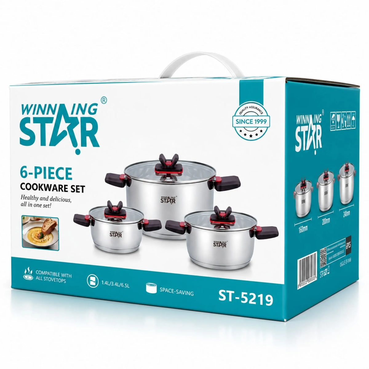 Set De Ollas 6 Piezas En Acero Inoxidable Con Tapas De Vidrio Winning Star ST-5219