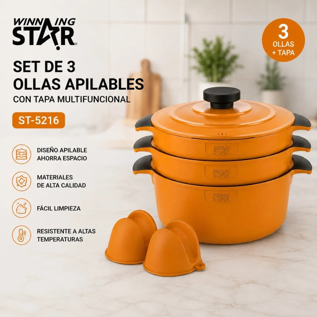 Set De 3 Ollas Apilables Winning Star Con Tapa Multifuncional ST-5216