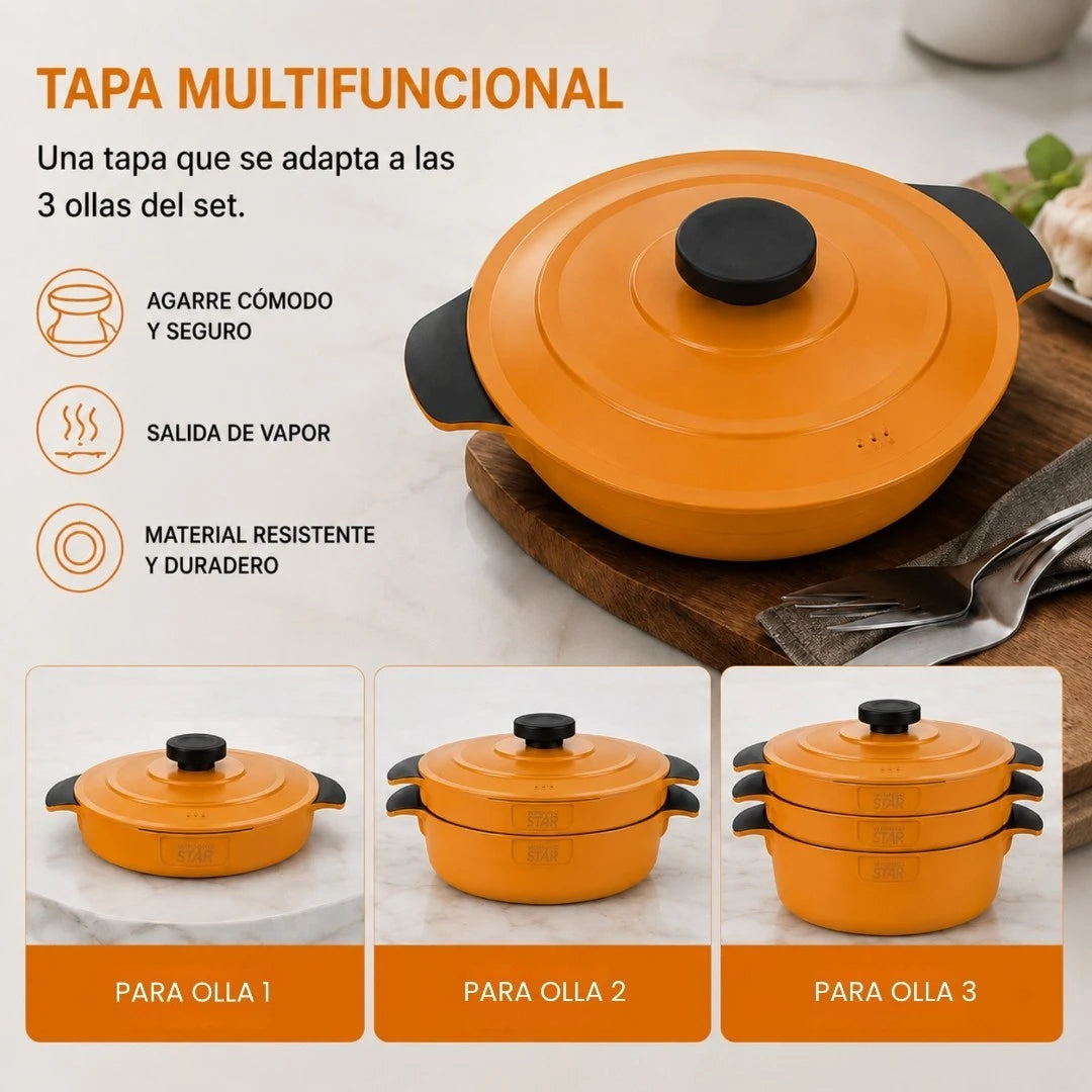 Set De 3 Ollas Apilables Winning Star Con Tapa Multifuncional ST-5216