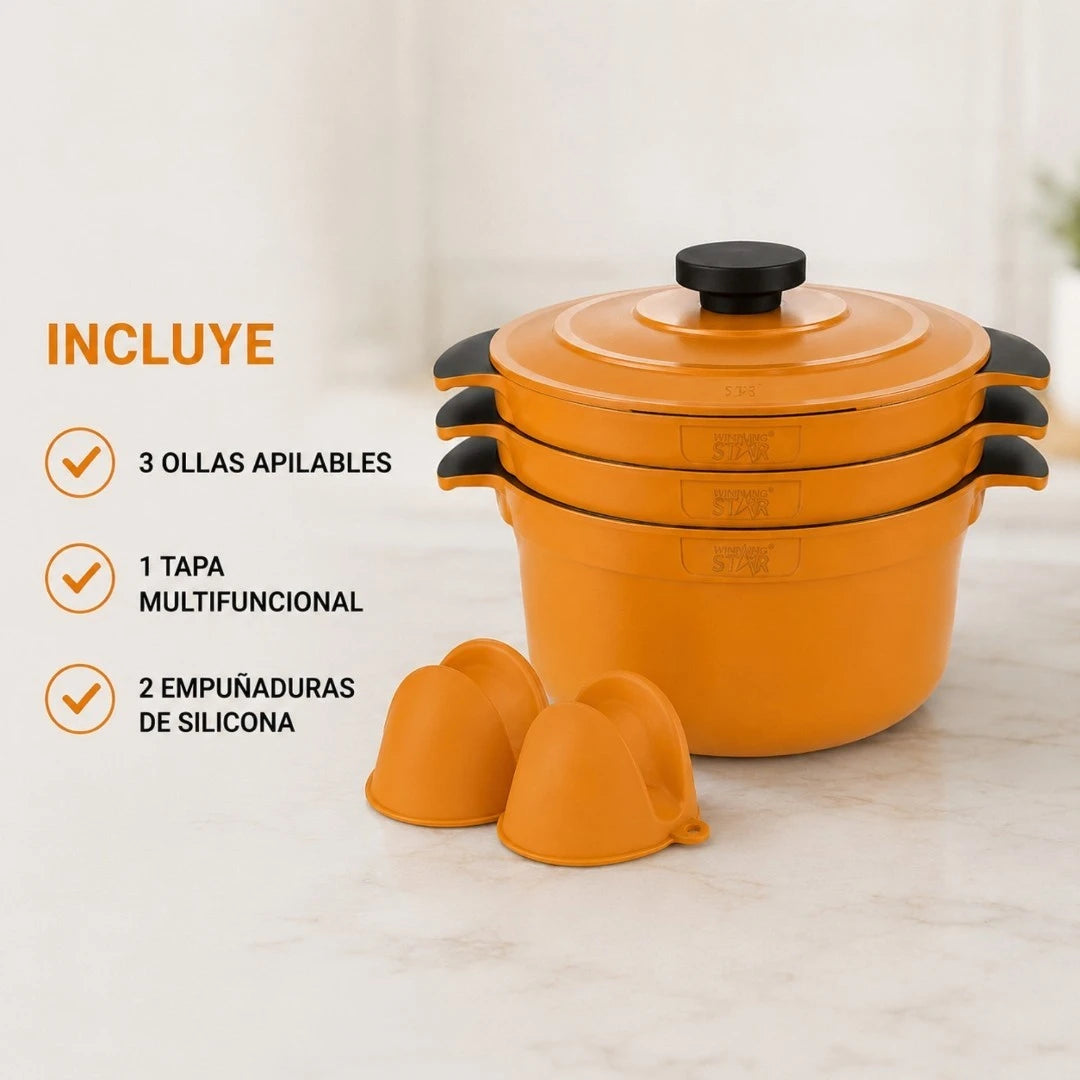 Set De 3 Ollas Apilables Winning Star Con Tapa Multifuncional ST-5216