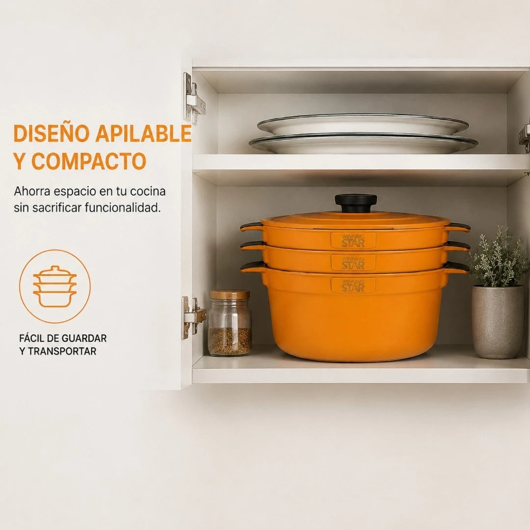 Set De 3 Ollas Apilables Winning Star Con Tapa Multifuncional ST-5216
