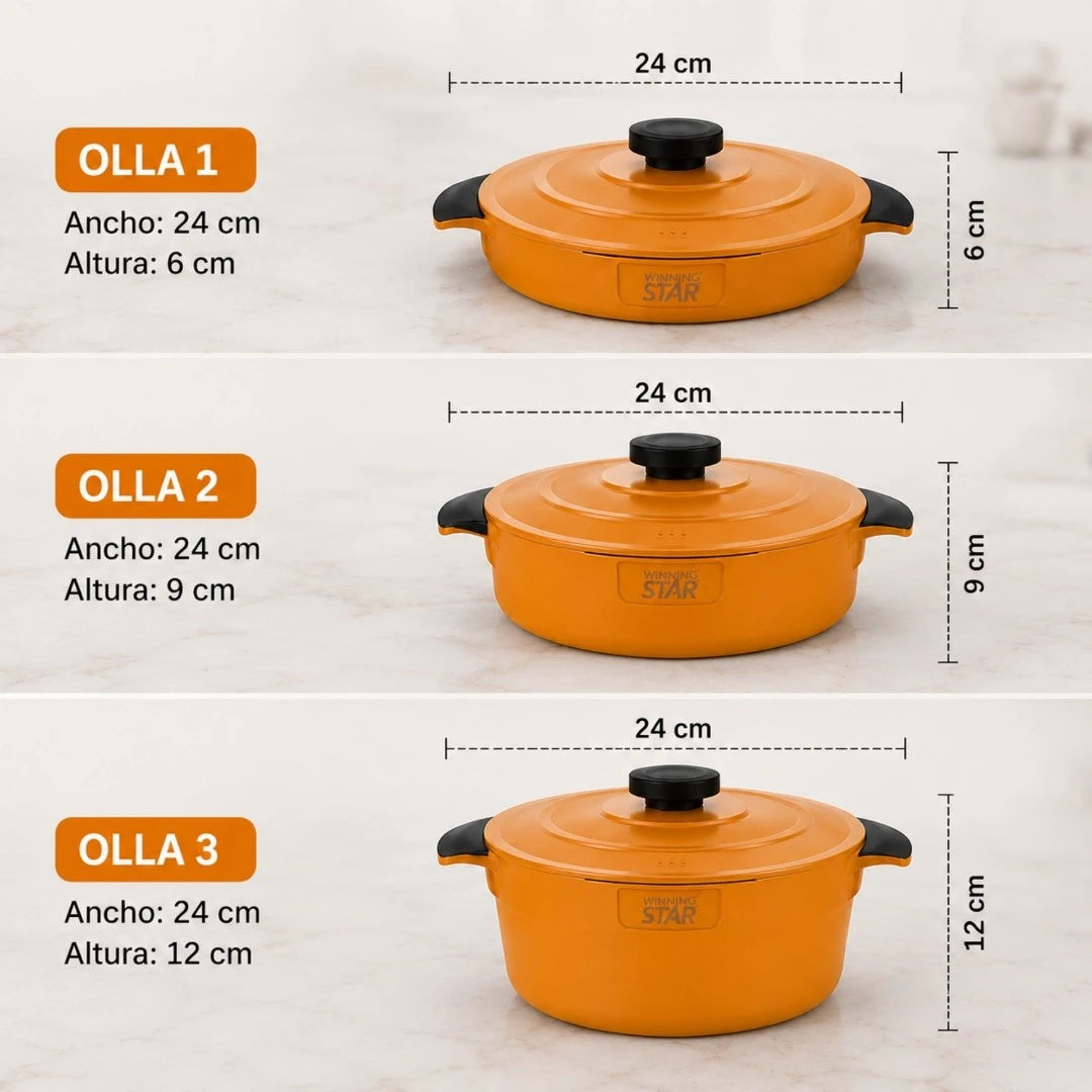 Set De 3 Ollas Apilables Winning Star Con Tapa Multifuncional ST-5216
