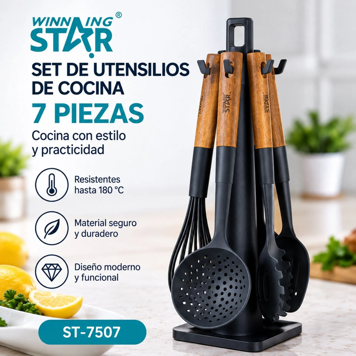 Set De Utensilios De Cocina 7 Piezas Resistentes Al Calor Con Mangos De Madera Winning Star ST-7507