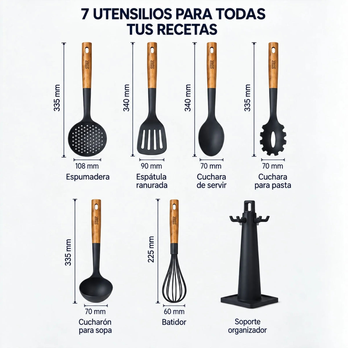 Set De Utensilios De Cocina 7 Piezas Resistentes Al Calor Con Mangos De Madera Winning Star ST-7507
