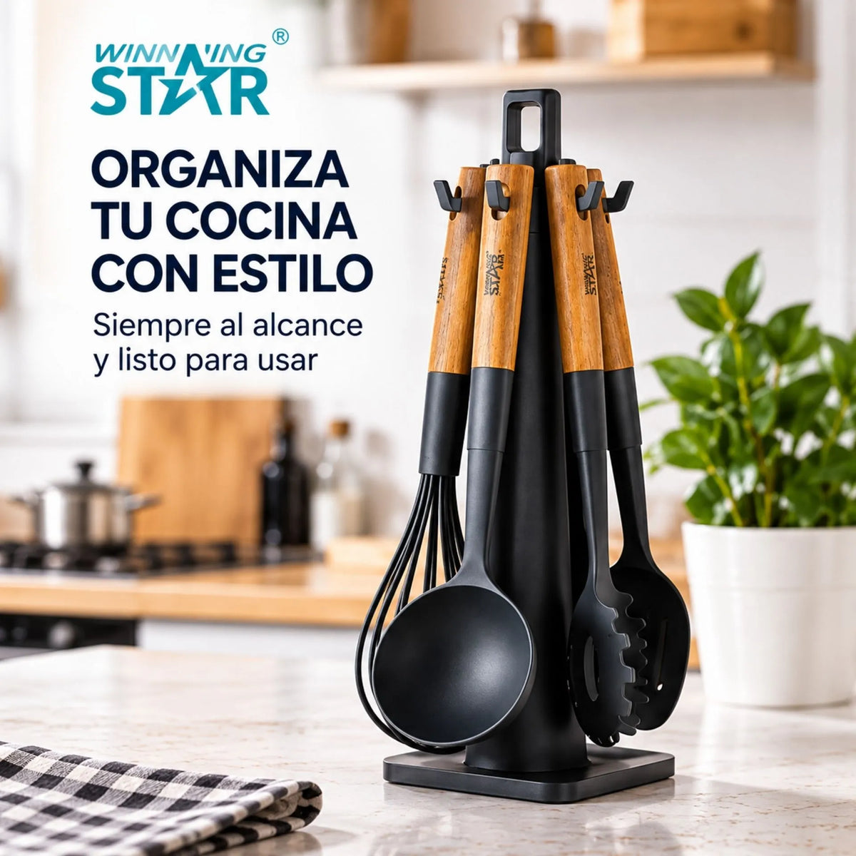 Set De Utensilios De Cocina 7 Piezas Resistentes Al Calor Con Mangos De Madera Winning Star ST-7507