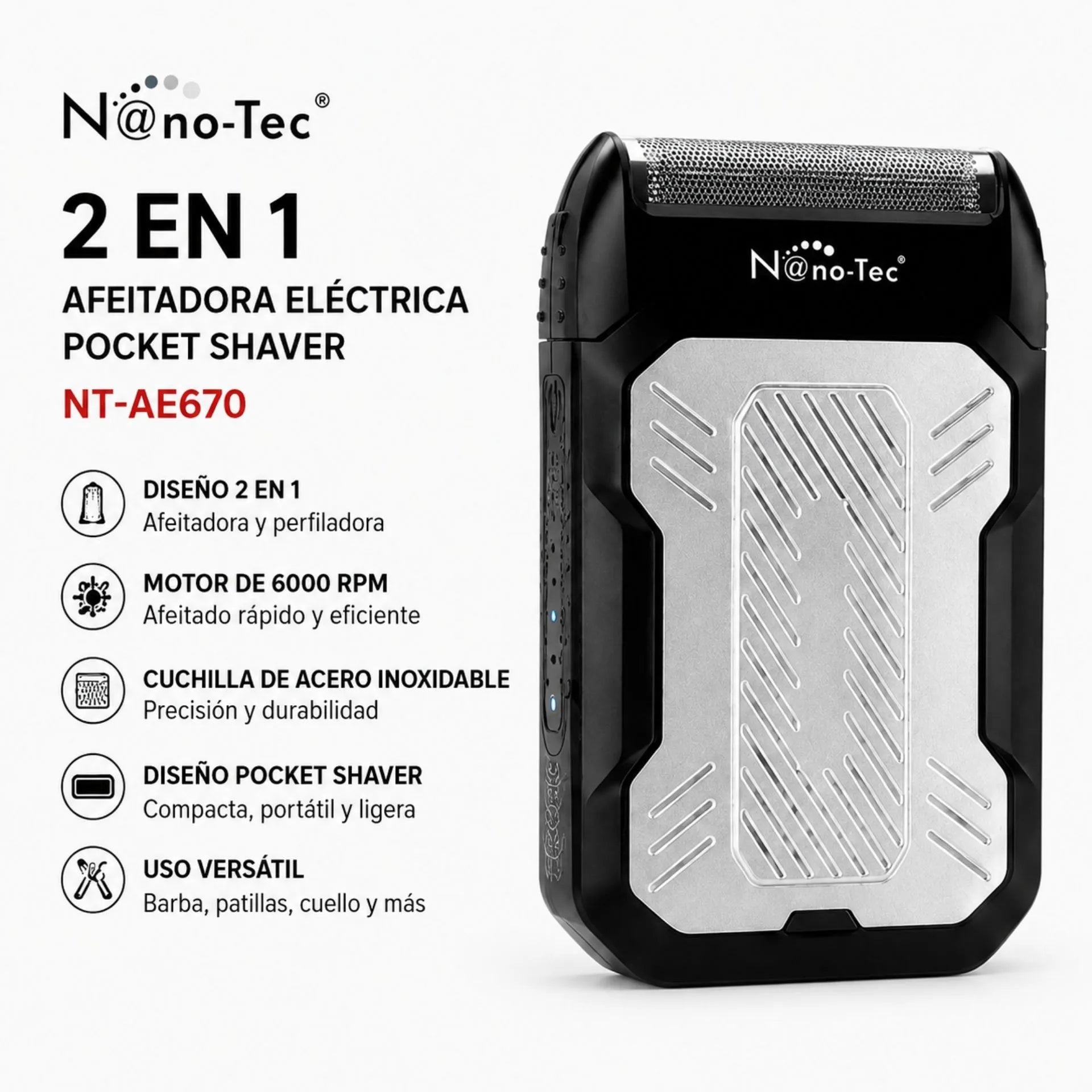 Afeitadora Eléctrica 2 En 1 Nano-Tec Shaver Perfiladora 6000 RPM NT-AE670