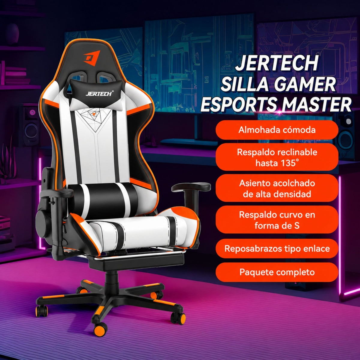 Silla Gamer Reclinable Ergonómica Para Escritorio Con Soporte Lumbar y Reposapiés Jertech GR101