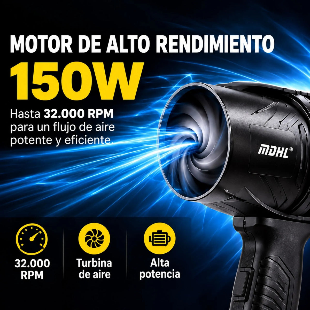 Sopladora De Aire Inalámbrica Recargable 150W Con Batería De Litio 21V Y Motor De 32.000 RPM MDHL MD-0226