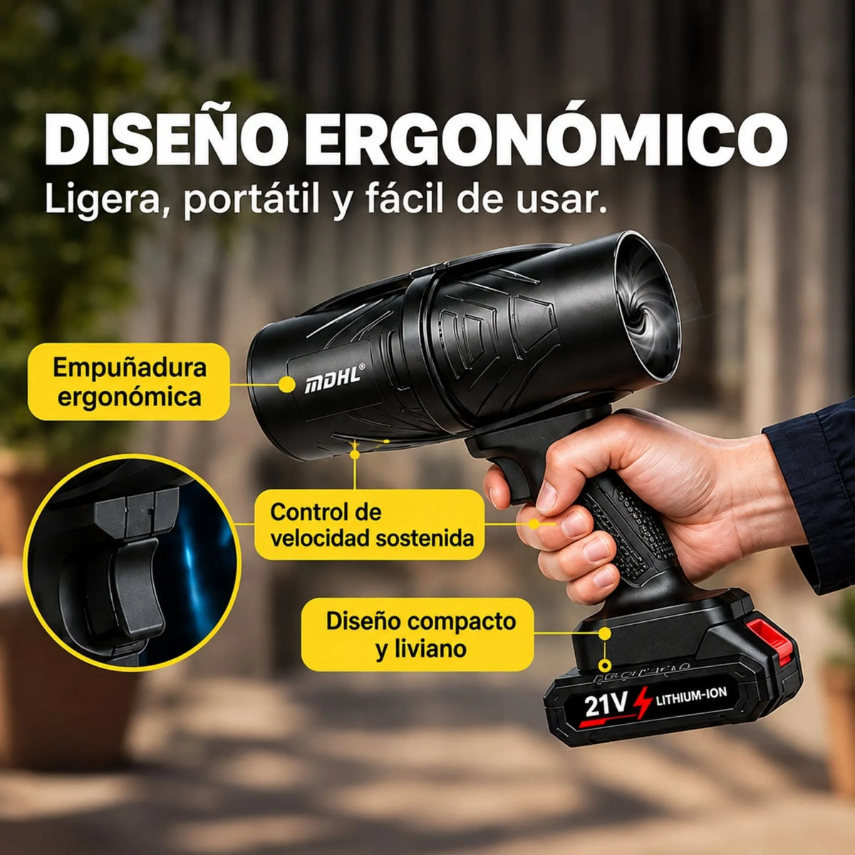 Sopladora De Aire Inalámbrica Recargable 150W Con Batería De Litio 21V Y Motor De 32.000 RPM MDHL MD-0226