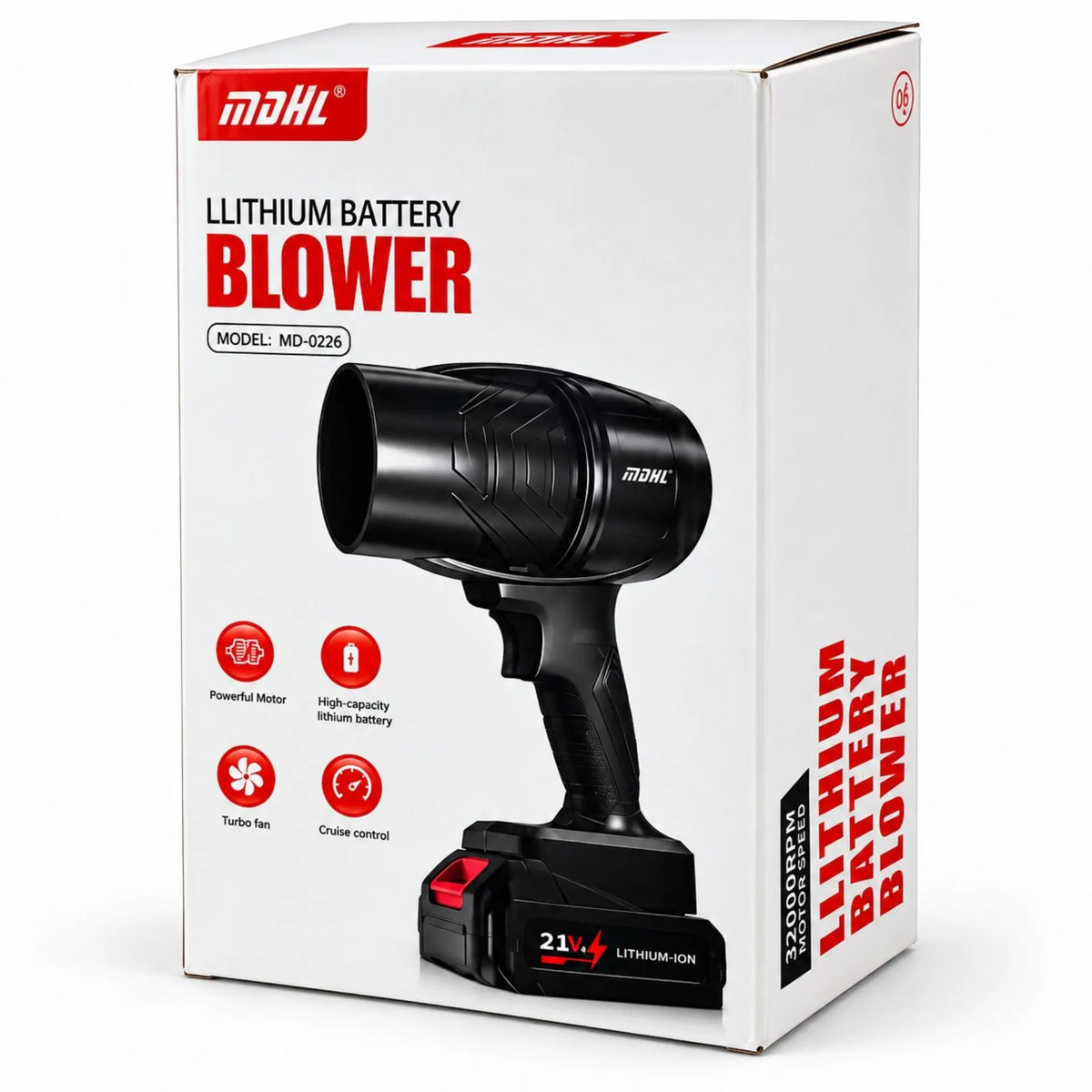 Sopladora De Aire Inalámbrica Recargable 150W Con Batería De Litio 21V Y Motor De 32.000 RPM MDHL MD-0226