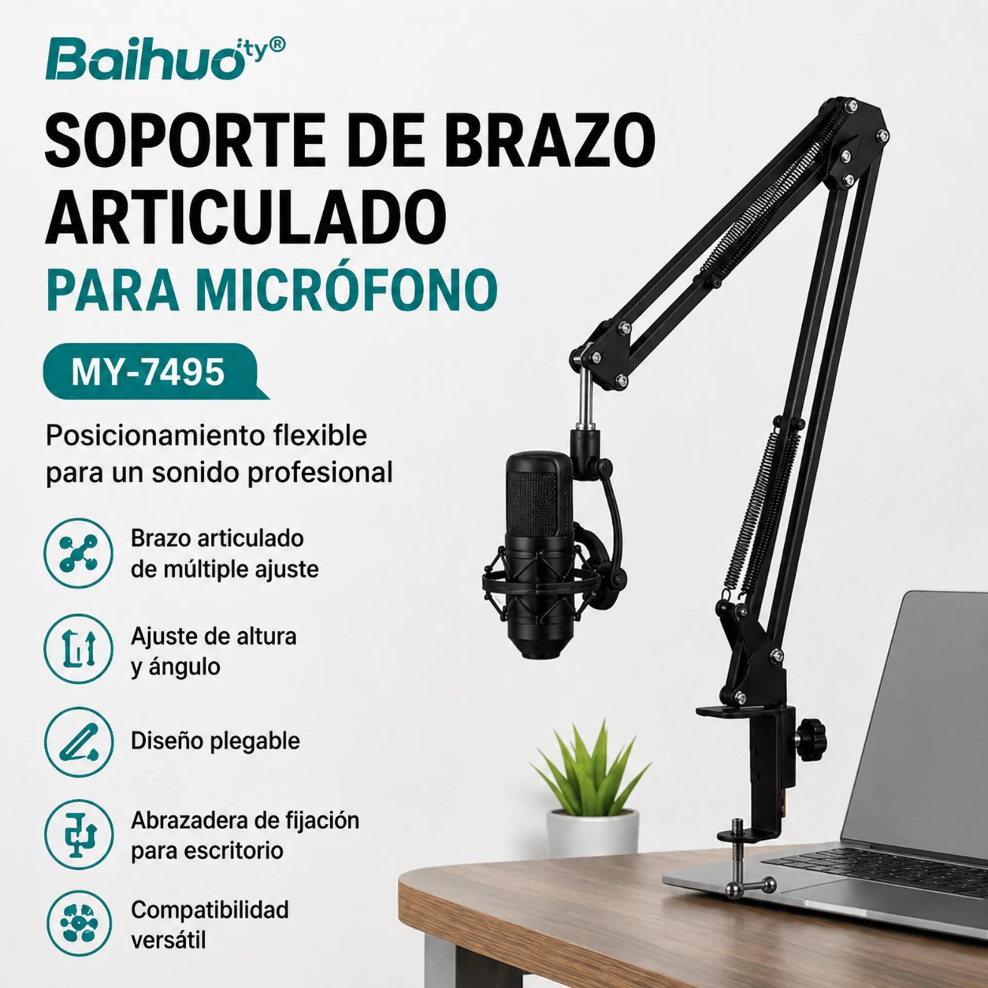 Soporte Para Micrófono Condensador De Brazo Articulado Metálico Con Ajuste A Mesa MY-7495