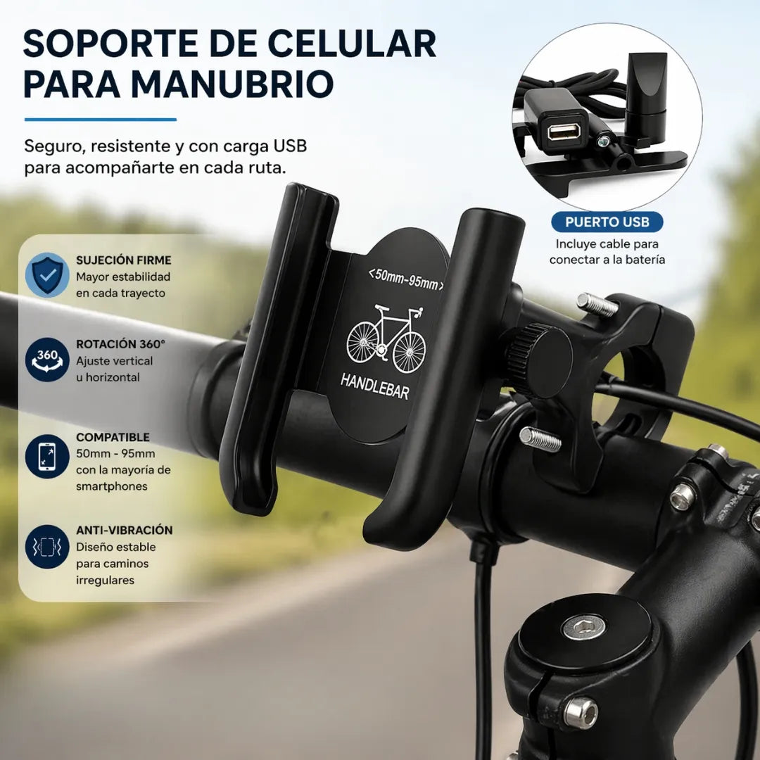 Soporte Para Celular De Manubrio Para Moto En Aluminio Con Puerto USB Y Rotación 360° MY-7130