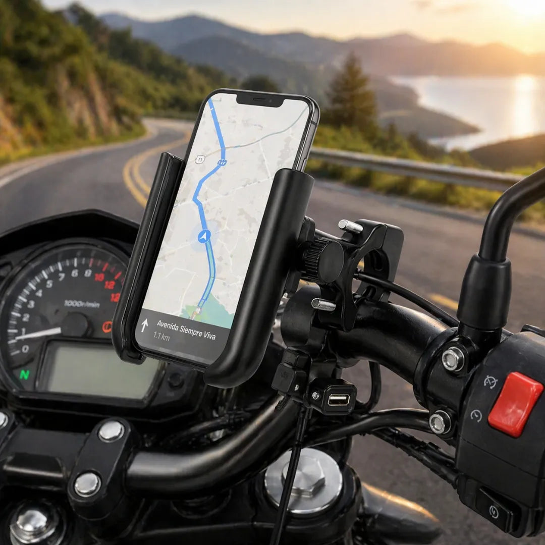 Soporte Para Celular De Manubrio Para Moto En Aluminio Con Puerto USB Y Rotación 360° MY-7130