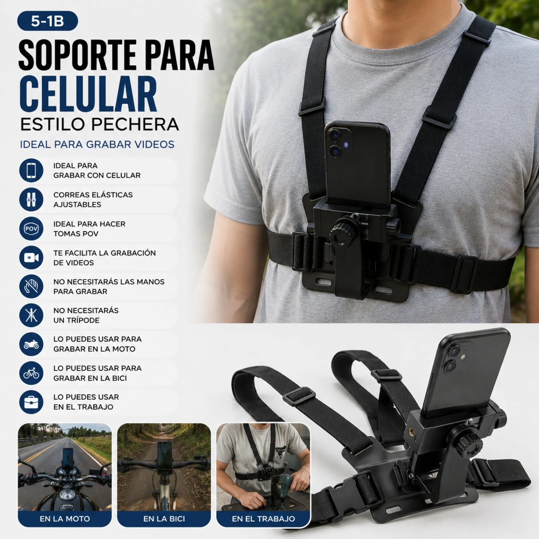 Soporte Para Celular Tipo Pechera Ajustable Ideal Para Grabar Videos POV 5-1B