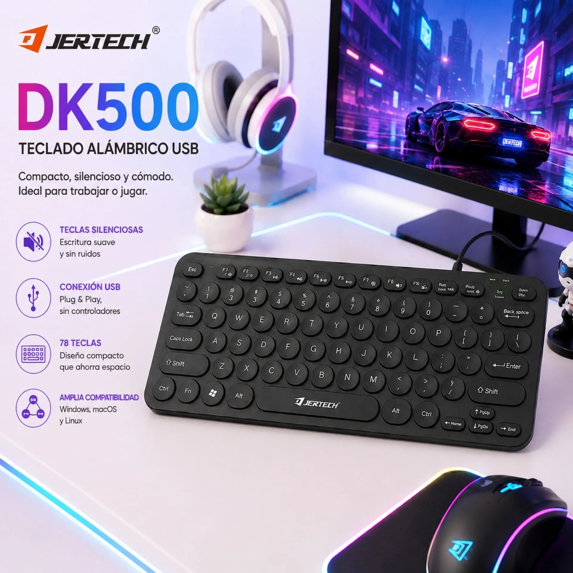 Teclado Alámbrico USB Slim QWERTY Jertech DK500