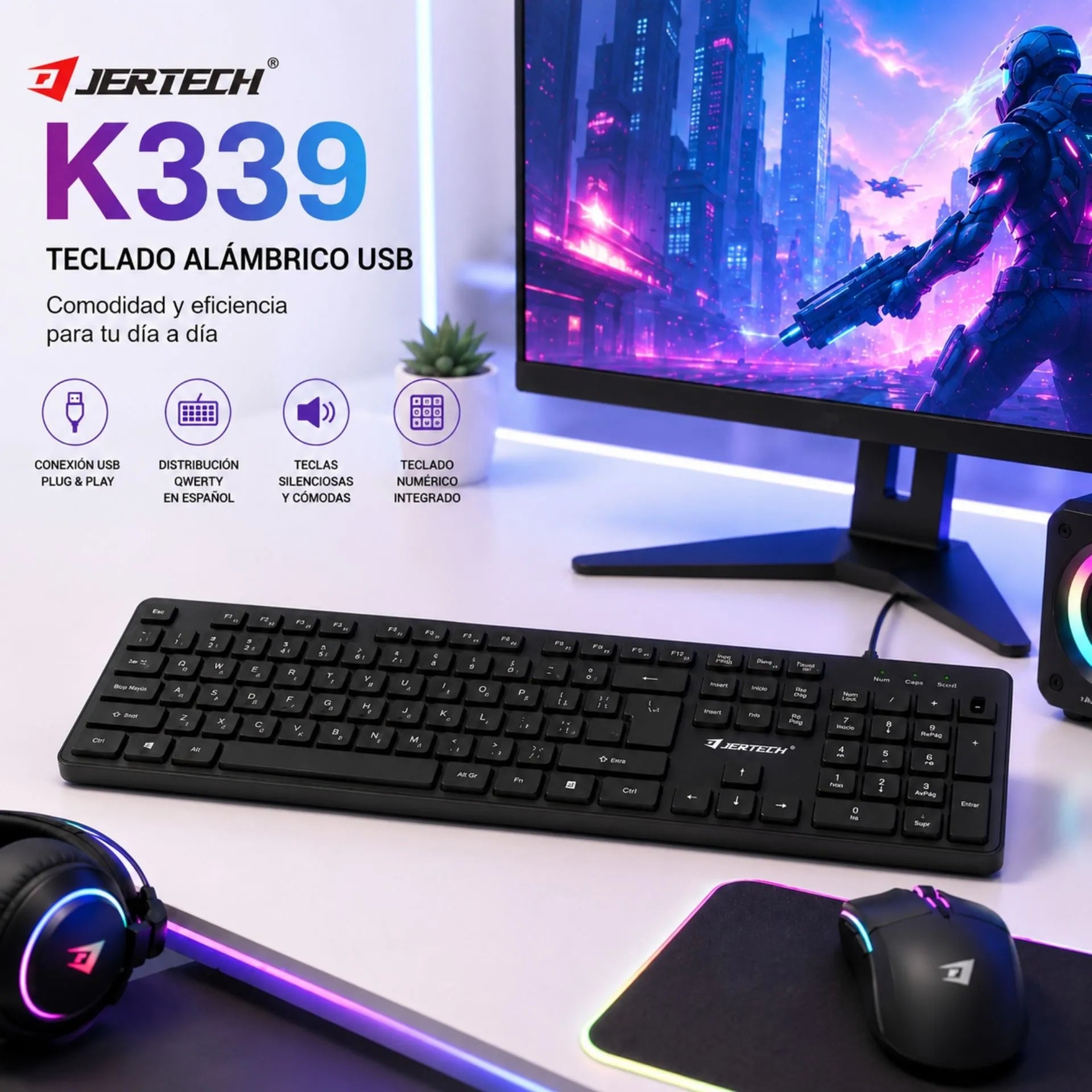 Teclado Alámbrico Conexión USB QWERTY Teclado Númerico Jertech K339