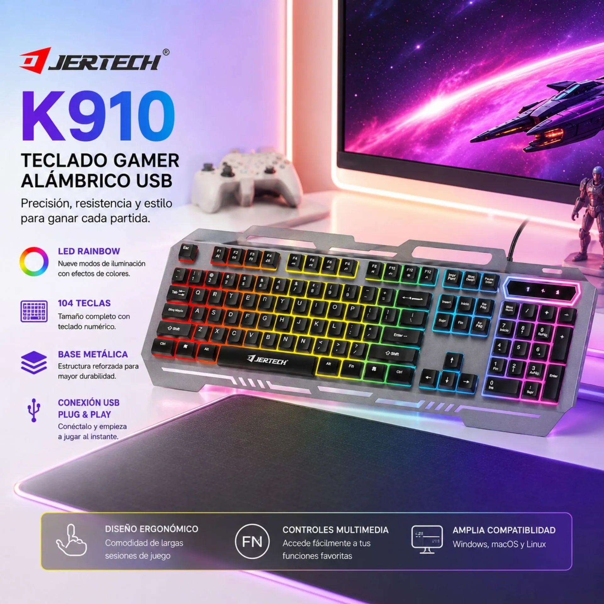 Teclado Gamer Alámbrico USB Base Metálica Retroiluminado QWERTY Jertech K910