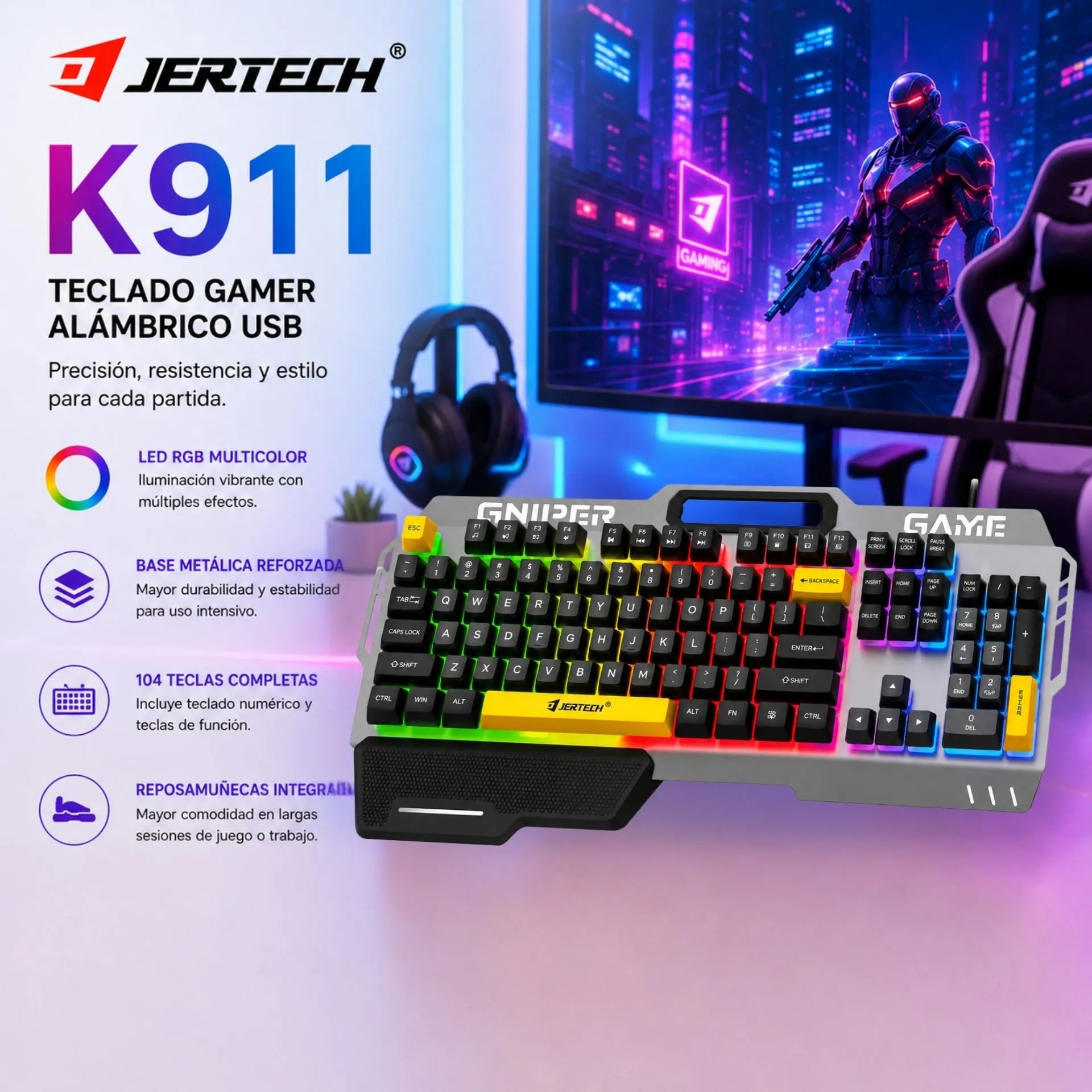 Teclado Gamer Alámbrico USB Retroiluminado Base Metálica Jertech K911