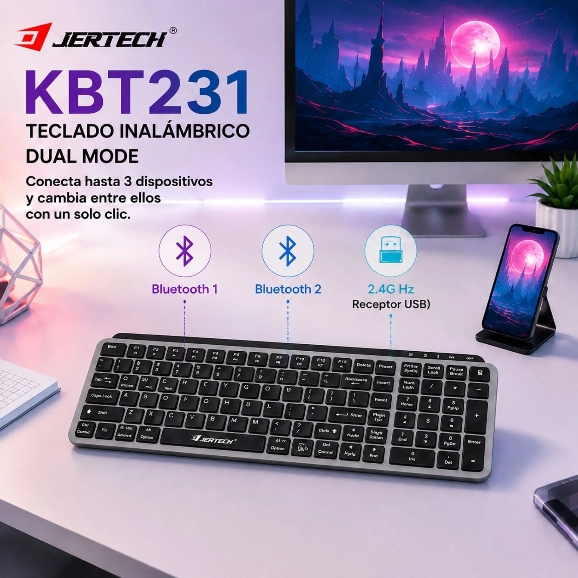 Teclado Inalámbrico Slim Dual Mode Bluetooth Y 2.4G Jertech KBT231