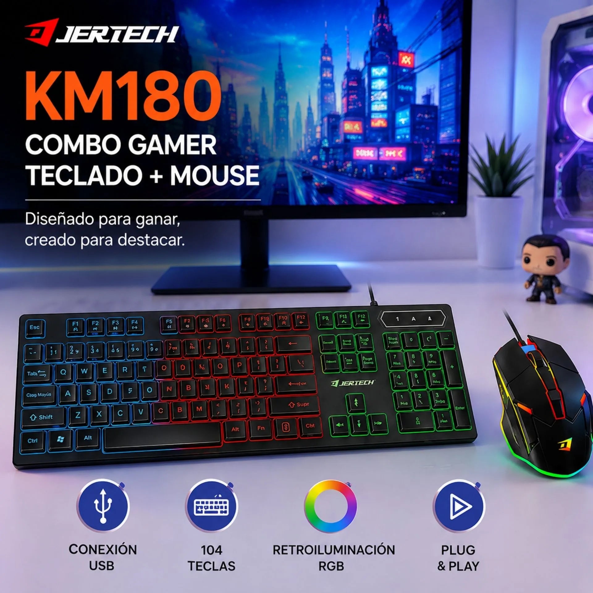 Combo Teclado Y Mouse Gamer Alámbrico USB Retroiluminado RGB Jertech KM180