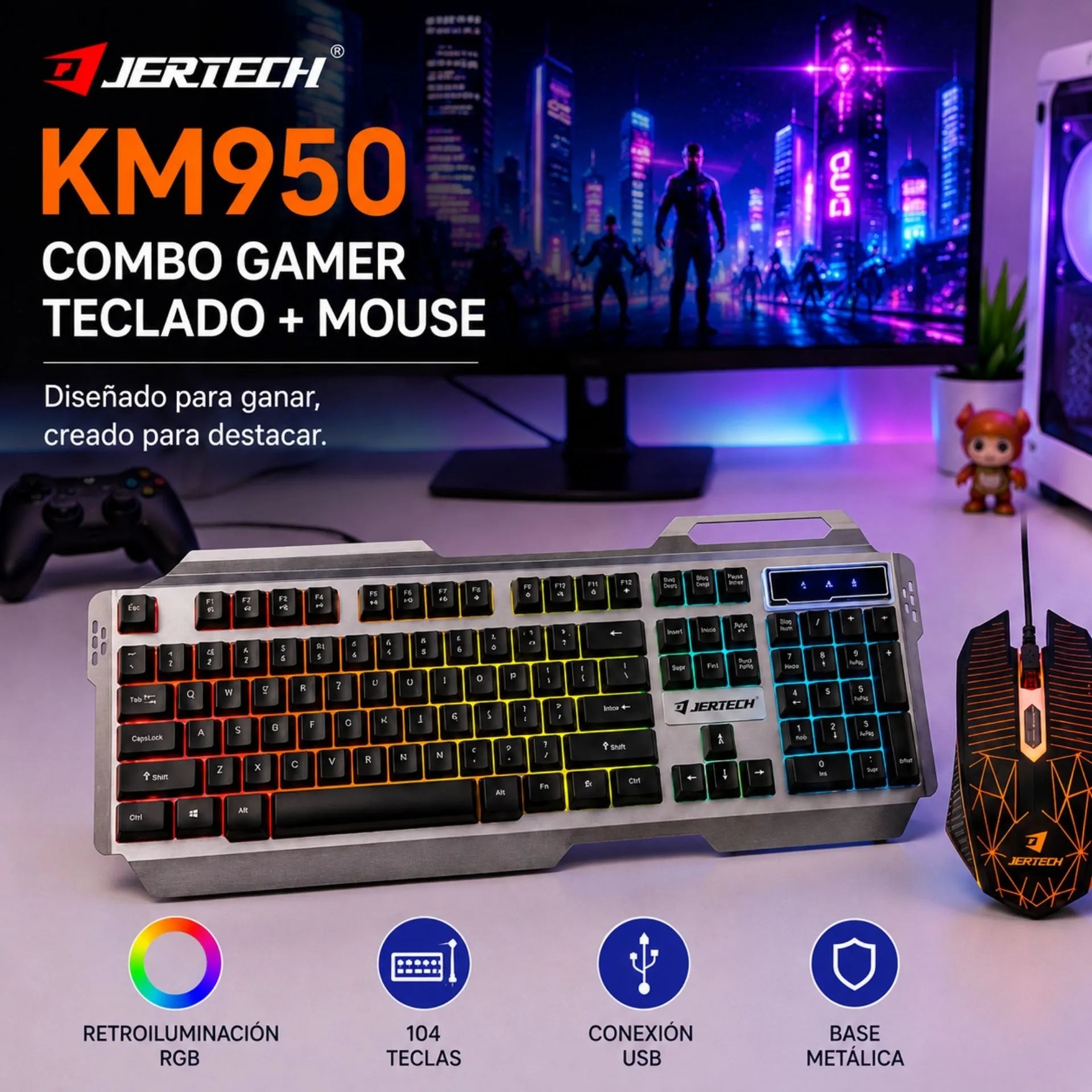 Combo Teclado Y Mouse Gamer Alámbrico USB Retroiluminado RGB Base Metálica Jertech KM950