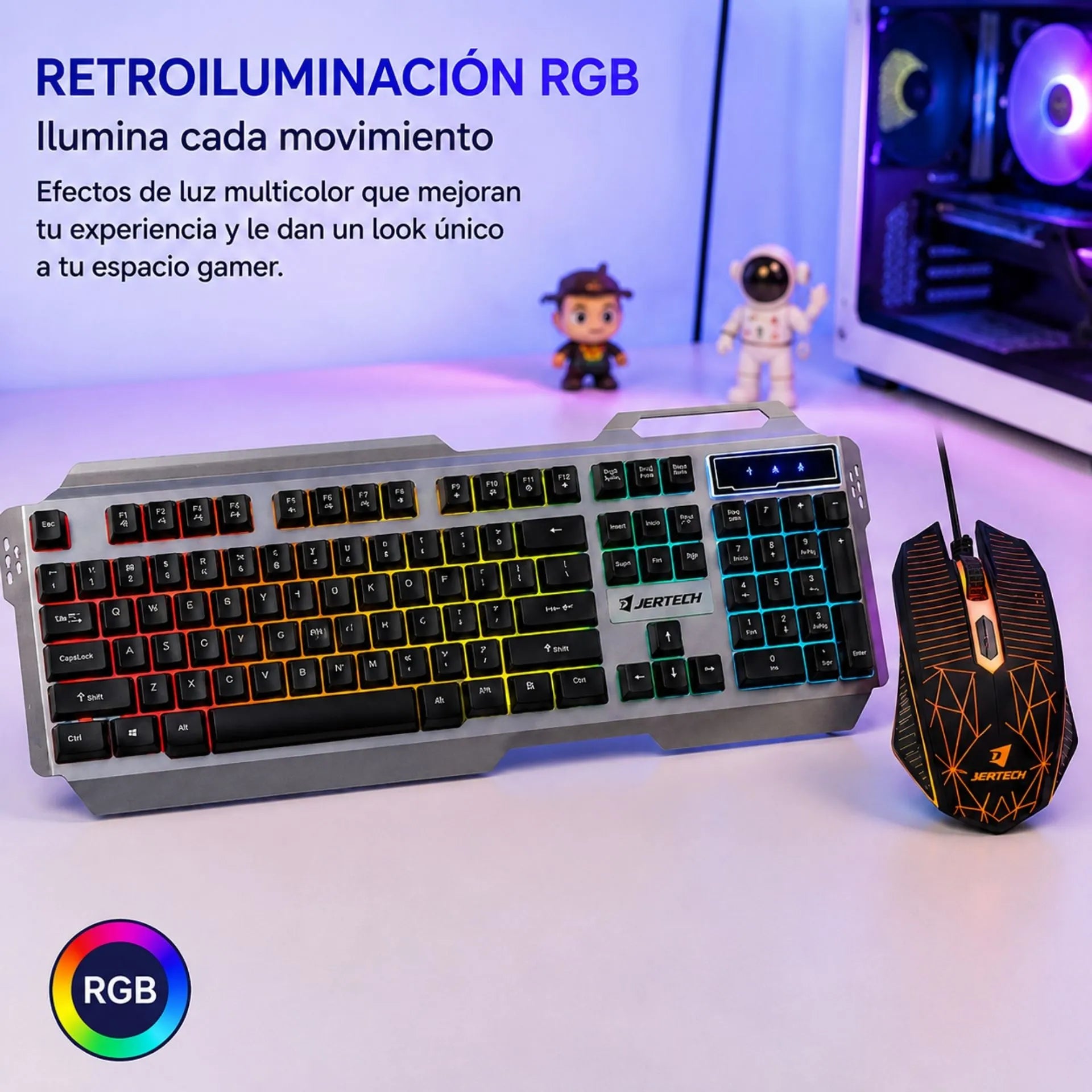 Combo Teclado Y Mouse Gamer Alámbrico USB Retroiluminado RGB Base Metálica Jertech KM950