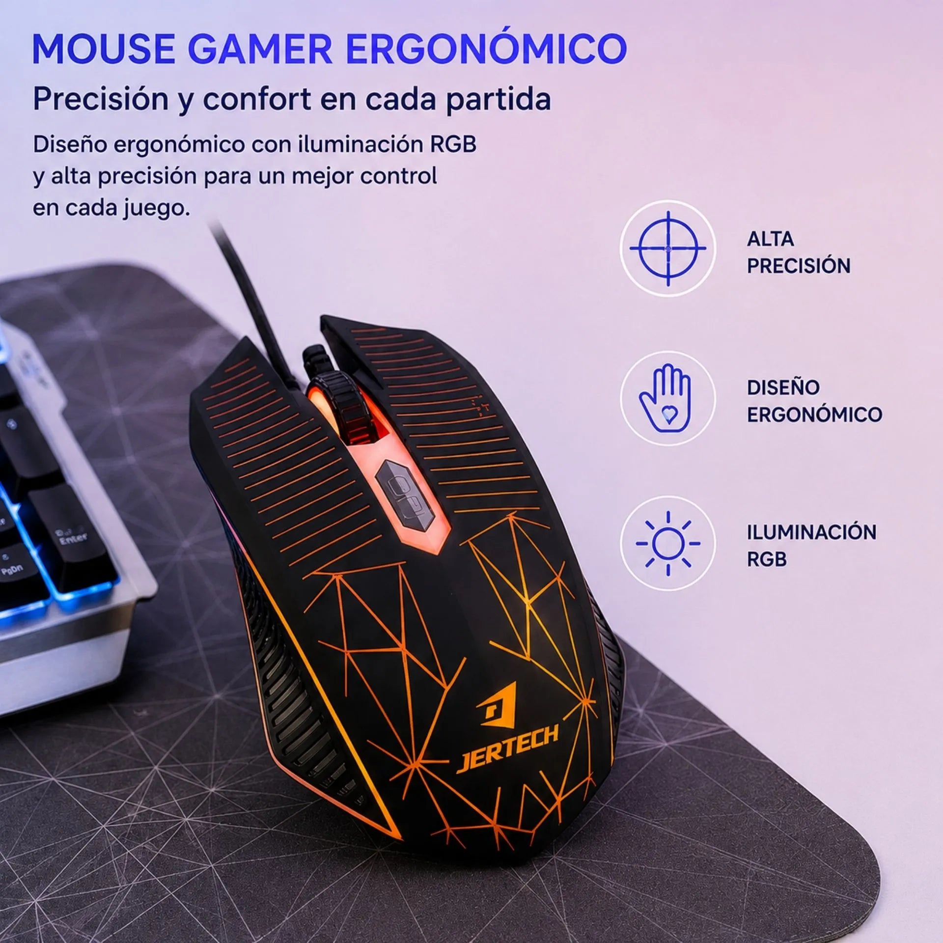 Combo Teclado Y Mouse Gamer Alámbrico USB Retroiluminado RGB Base Metálica Jertech KM950