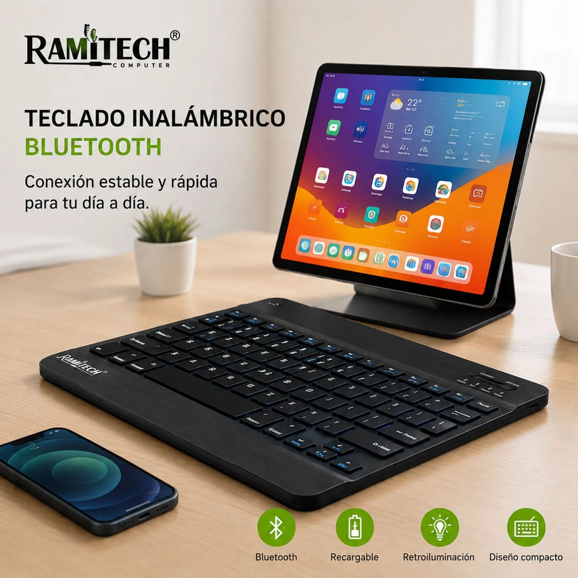 Teclado Inalámbrico Bluetooth Recargable con Retroiluminación Ramitech RAM-TC3B