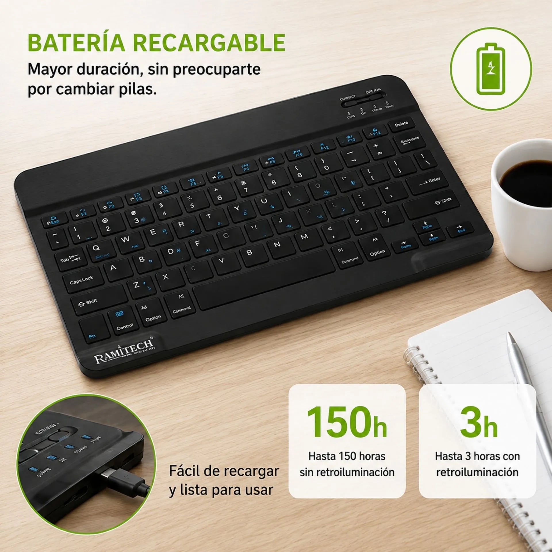 Teclado Inalámbrico Bluetooth Recargable con Retroiluminación Ramitech RAM-TC3B
