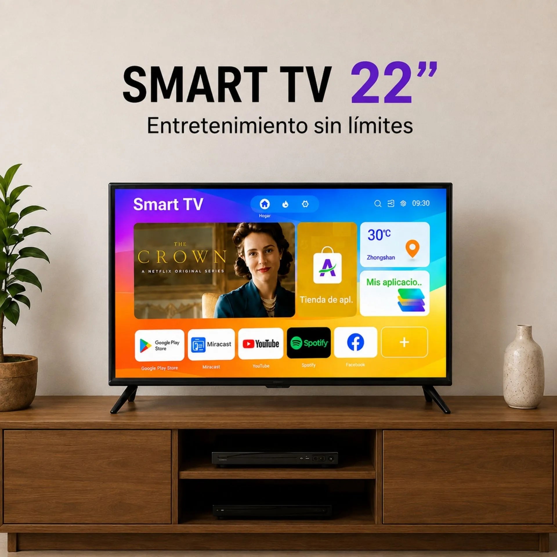 Televisor Smart TV 22 Pulgadas Android 14 Con Control Inalámbrico y Vidrio Templado 22